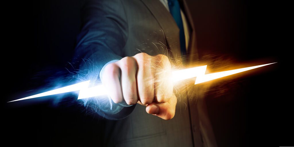 Power of Bridge Financing. Man in a suit holding a lightning bolt.